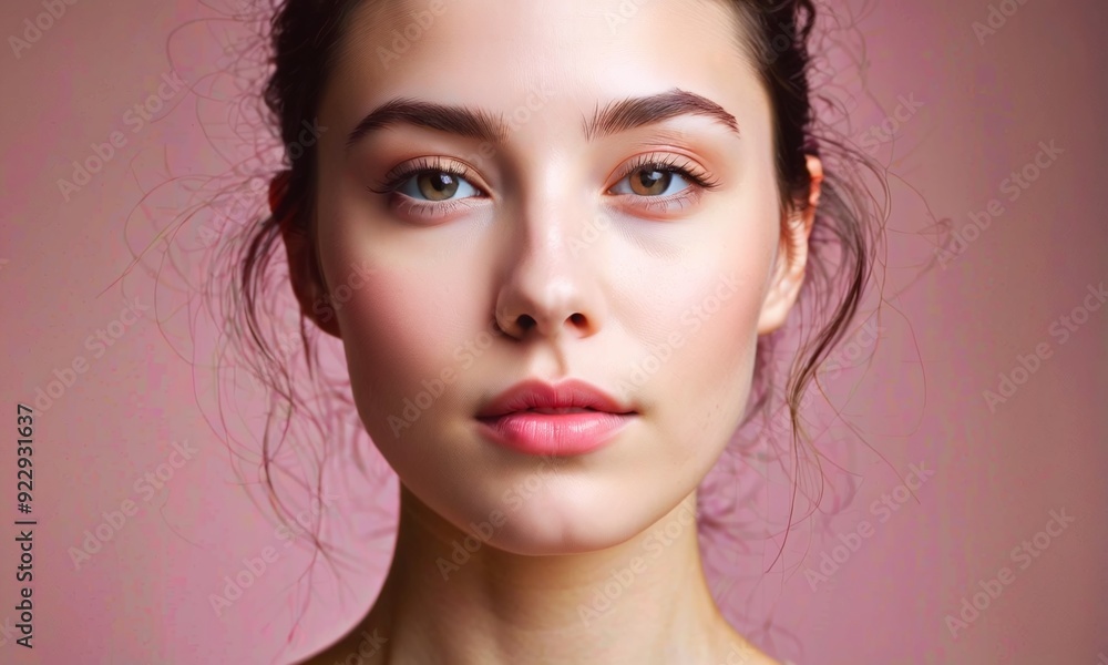 Bare-faced woman with flawless skin, minimalist studio setup Bare-faced woman with flawless skin, minimalist studio setup