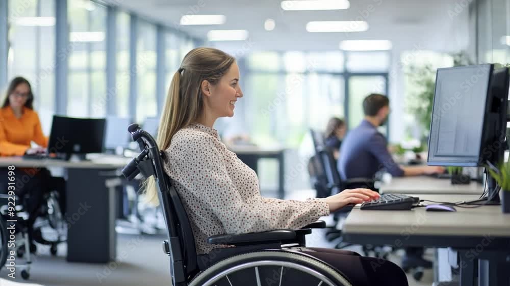 Happy woman sitting on wheelchair working with computer in modern office. Ai Footage. Happy woman sitting on wheelchair working with computer in modern office. Ai Footage.