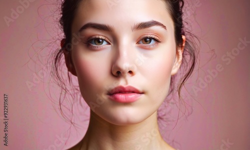 Bare-faced woman with flawless skin, minimalist studio setup