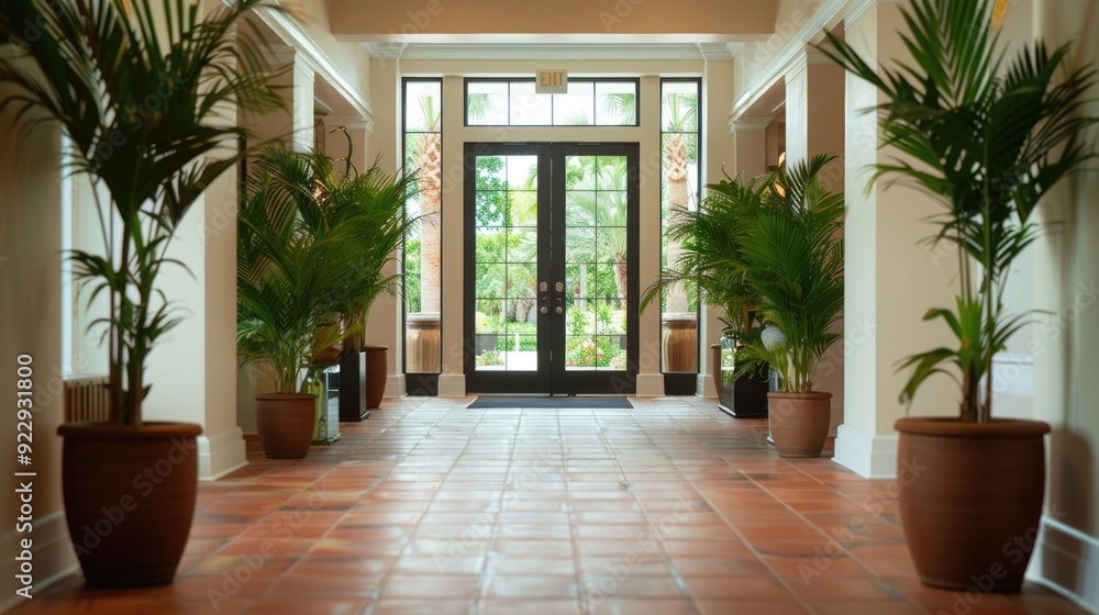 Luxurious resort lobby with deep depth of field showcasing a tranquil and soothing tropical ambiance enhanced by lush greenery and elegant plant based decor Luxurious resort lobby with deep depth of field showcasing a tranquil and soothing tropical ambiance enhanced by lush greenery and elegant plant based decor