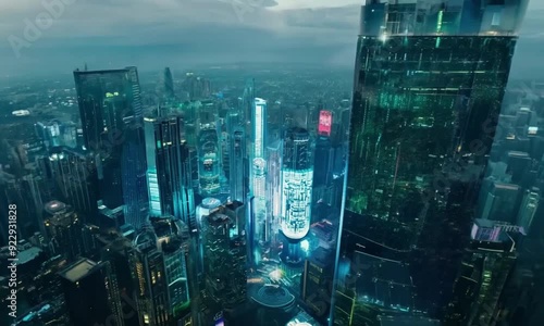 3d view of cyberpunk city with tall buildings