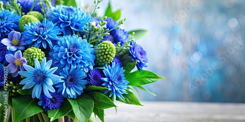 Fototapeta Naklejka Na Ścianę i Meble -  Bouquet of vibrant blue flowers with greenery, blue, flowers, bouquet, nature, colorful, vibrant, beautiful, plant