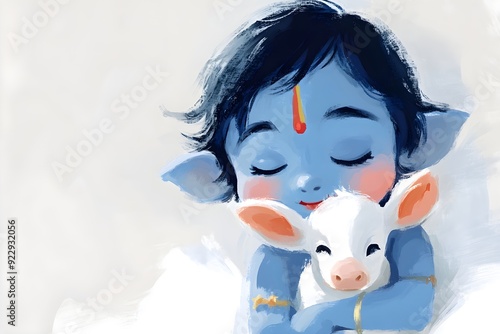 Cute little baby Krishna with sacred cow. Hindu god Lord Krishna with calf. Krishna Janmashtami, Govardhan Puja, Vasubaras. Indian religious festival photo