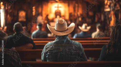 A cowboy in a straw hat sits quietly in a rustic church, surrounded by fellow attendees during a community service.
