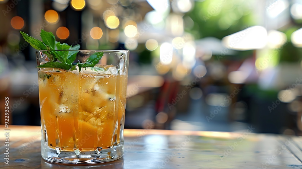 Ginger peach lemon whiskey cocktail with mint at outdoor bar and restaurant Ginger peach lemon whiskey cocktail with mint at outdoor bar and restaurant