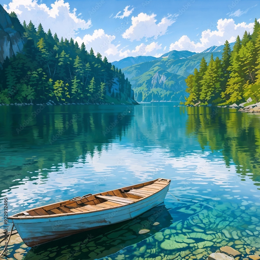Tranquil mountain lake scene with a wooden boat docked by the shore, surrounded by lush green forests and clear blue sky. Tranquil mountain lake scene with a wooden boat docked by the shore, surrounded by lush green forests and clear blue sky.