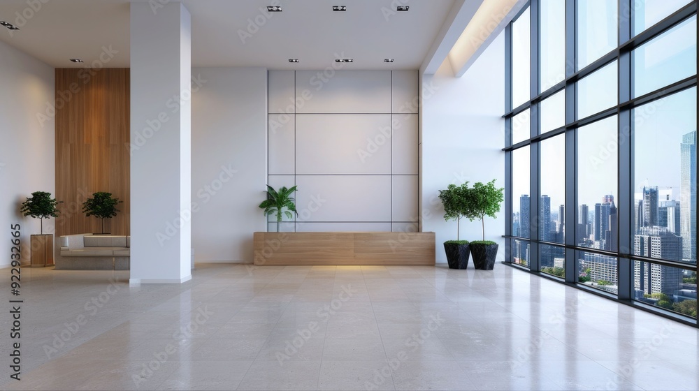 Obraz premium Elegant and Modern Hotel Lobby Design with Panoramic Views of the Cityscape Seen Through Large Glass Windows in a Spacious Contemporary Interior