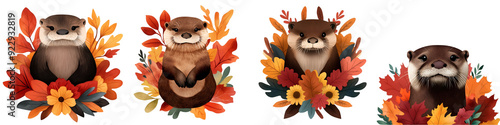 watercolor autumn Otter isolated on transparent background photo