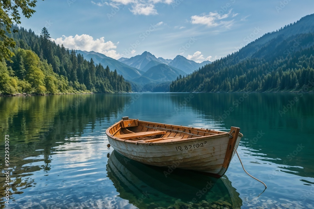 Tranquil mountain lake scene with a wooden boat docked by the shore, surrounded by lush green forests and clear blue sky. Tranquil mountain lake scene with a wooden boat docked by the shore, surrounded by lush green forests and clear blue sky.
