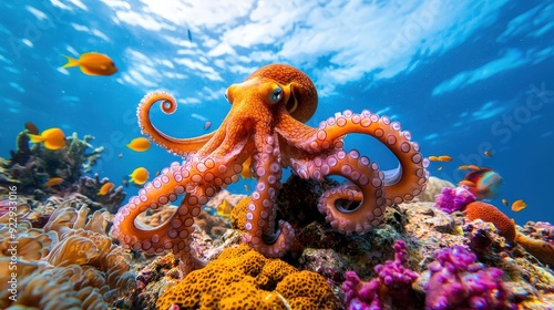 Fototapeta Naklejka Na Ścianę i Meble -  Octopus hiding among the coral in a colorful underwater environment