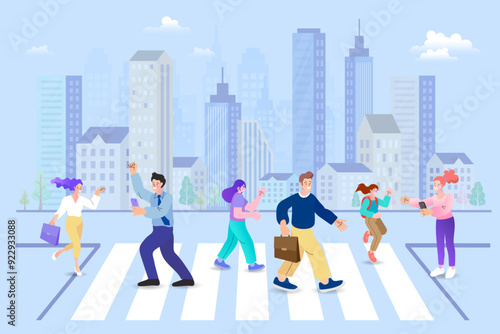 Group of diverse people walking on city crosswalk. Pedestrians crossing street with urban building skyline background. Business and student lifestyle concept during rush hour.