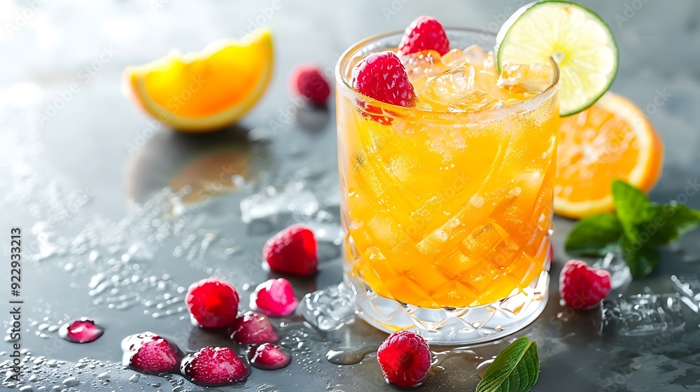 Glass of orange cocktail on ice with raspberries and slice of lime on top Glass of orange cocktail on ice with raspberries and slice of lime on top