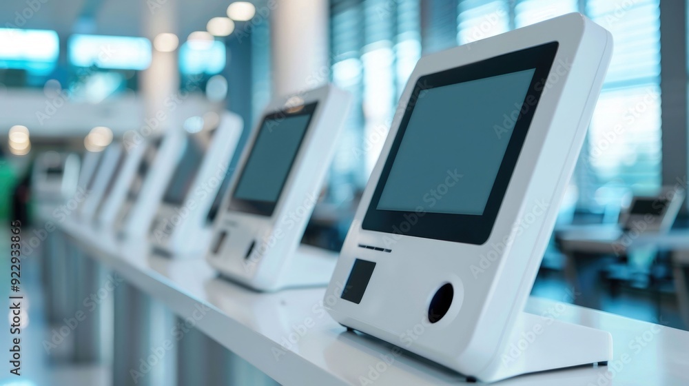 Automated Hotel Booking Kiosk with Depth of Field for Efficient Self Check In at Modern Airport or Corporate Workspace Environment Automated Hotel Booking Kiosk with Depth of Field for Efficient Self Check In at Modern Airport or Corporate Workspace Environment