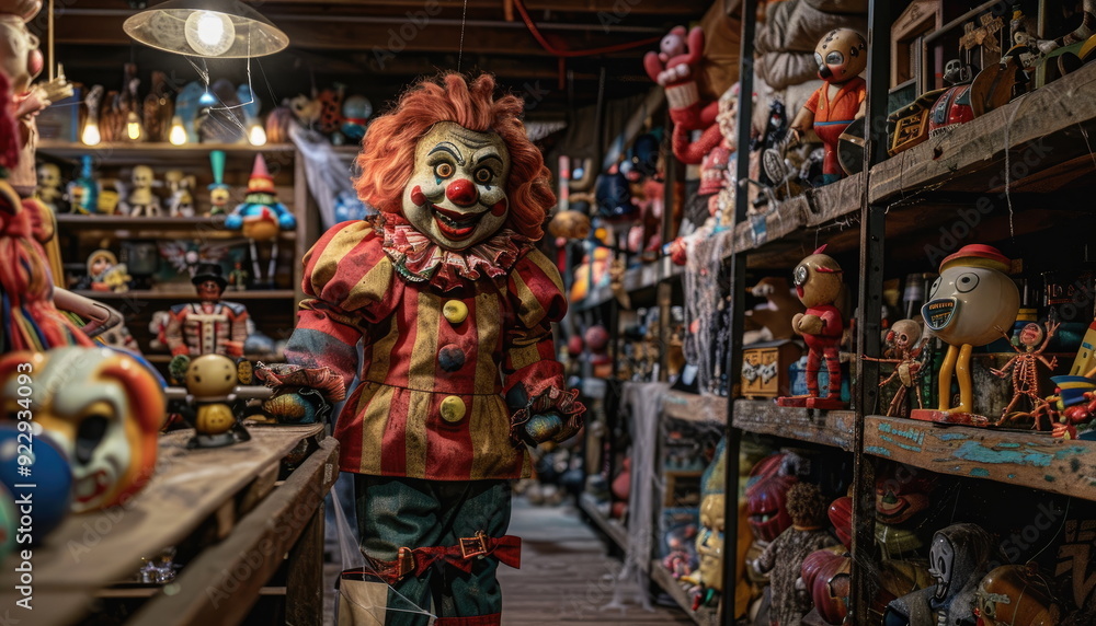 Fototapeta premium Creepy Clown Doll in a Room Full of Old Toys