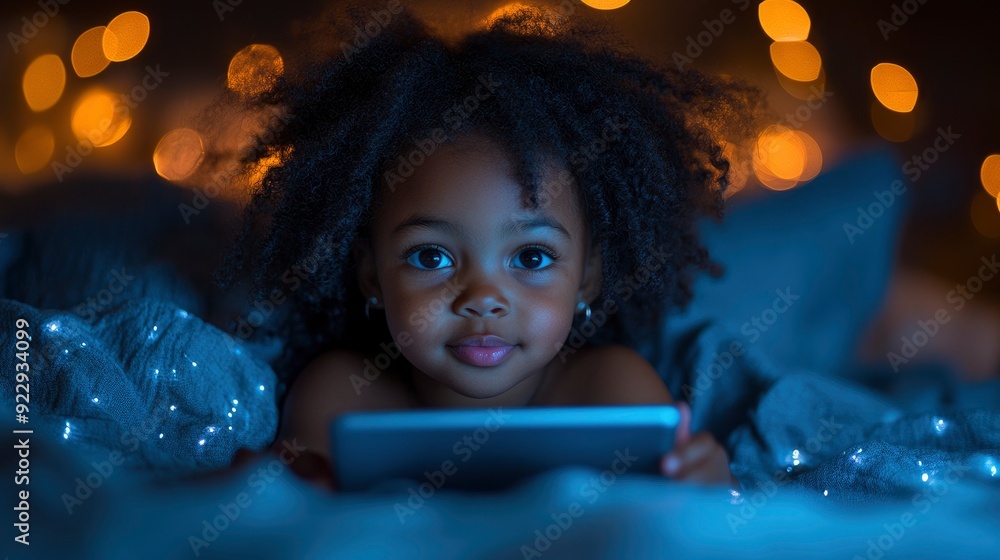 African Child Girl With Afro Hair Lying On Bed With A Tablet, Happy And Engaged