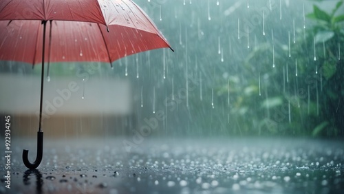 Red umbrella standing on a wet pavement during a heavy rain, symbolizing resilience and protection.