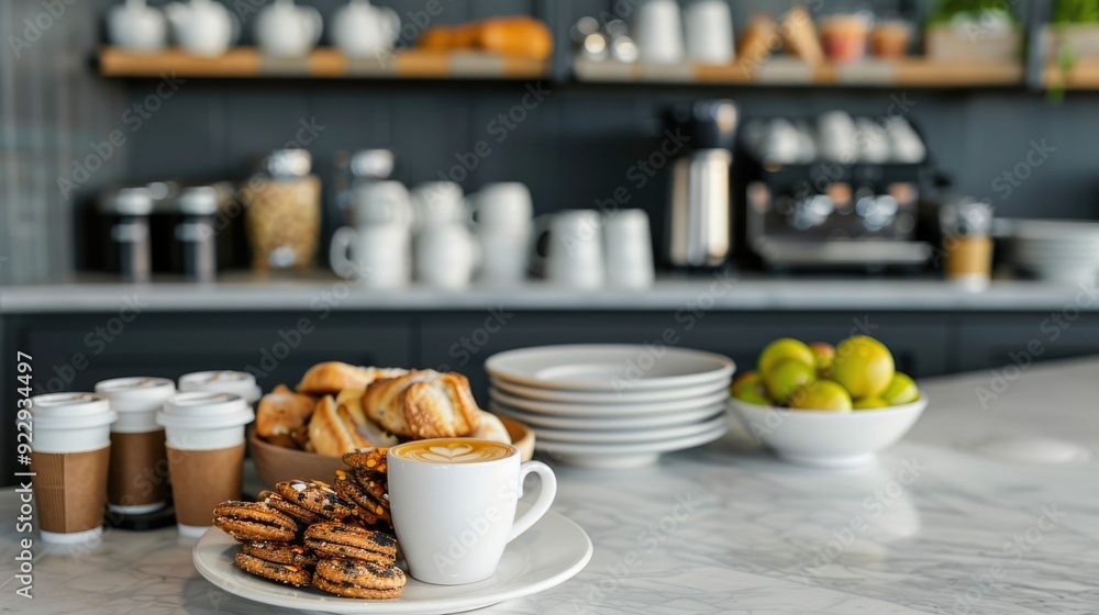 Enticing array of coffee pastries and fresh fruit displayed in a cozy and sophisticated hotel lobby creating a welcoming atmosphere for guests to relax and recharge Enticing array of coffee pastries and fresh fruit displayed in a cozy and sophisticated hotel lobby creating a welcoming atmosphere for guests to relax and recharge