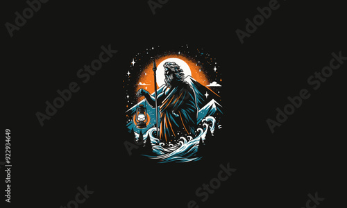 zeus holding lantern on mountain vector artwork design
