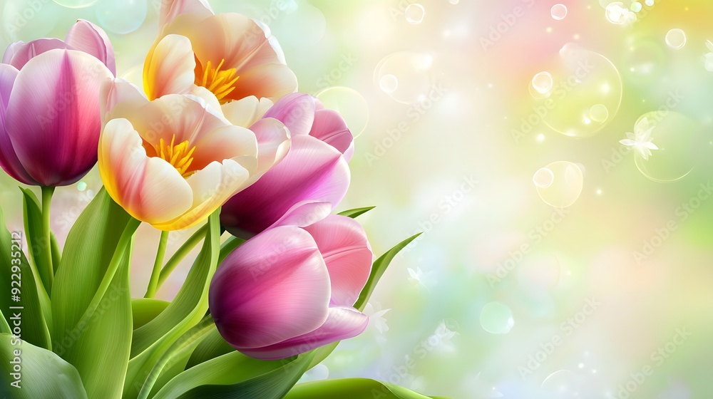 Obraz premium Pink and yellow tulips with green leaves on a blurred pastel background. Template for quotes, and greetings cards.