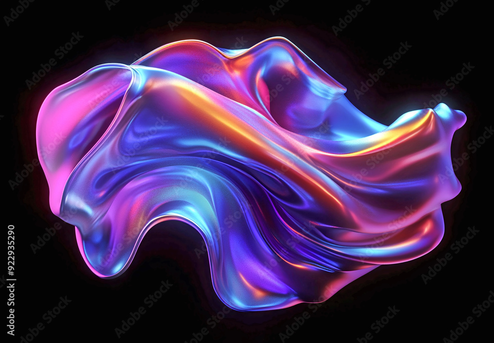 Obraz premium 3d render of fluid shape with holographic colors on black background, metallic liquid flowing in the air, liquid metal style