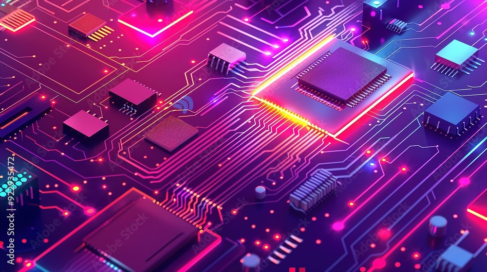 Superb IT, Information technology concept, Motherboard integrated circuit and tech icons illustrtion Superb IT, Information technology concept, Motherboard integrated circuit and tech icons illustrtion