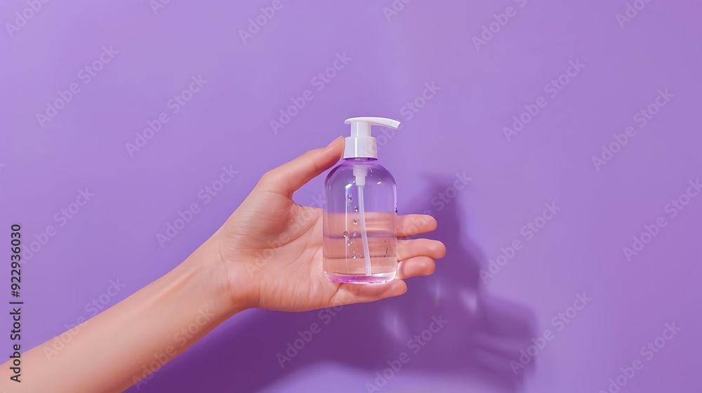 Hand with sanitizer bottle on purple background Hand with sanitizer bottle on purple background