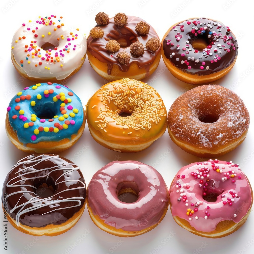 A variety of glazed, frosted and sprinkled doughnuts on display, A variety of glazed, frosted and sprinkled doughnuts on display,