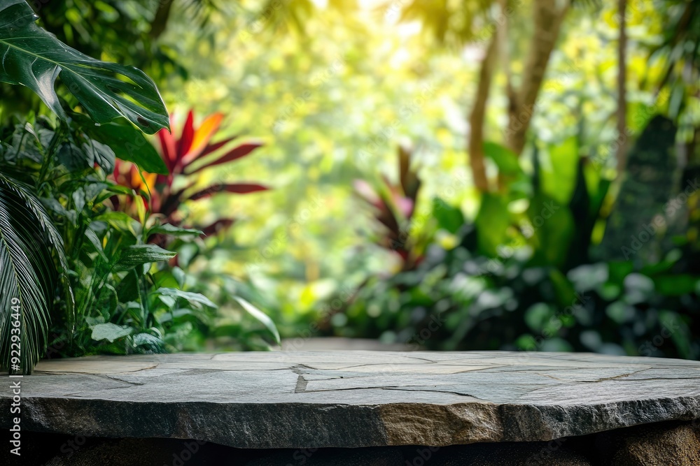 Stone tabletop podium floor in outdoors tropical garden forest blurred green leaf plant nature background.Natural product placement pedestal stand display,jungle paradise concept with generative ai Stone tabletop podium floor in outdoors tropical garden forest blurred green leaf plant nature background.Natural product placement pedestal stand display,jungle paradise concept with generative ai