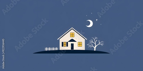 A simplistic house logo with a roof and window, accented by a sun or moon in the background