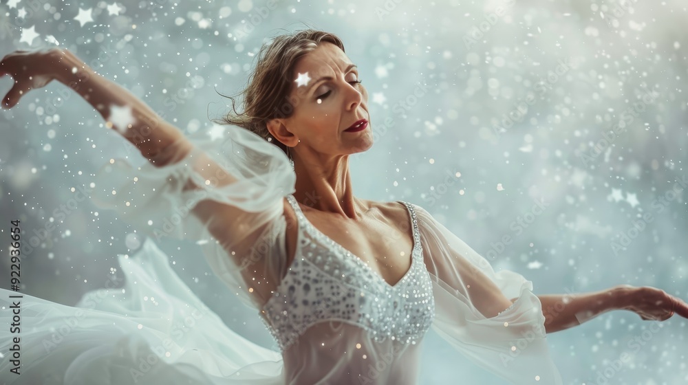 Obraz premium A graceful dancer twirls in a serene setting, surrounded by swirling snowflakes and a dreamy atmosphere