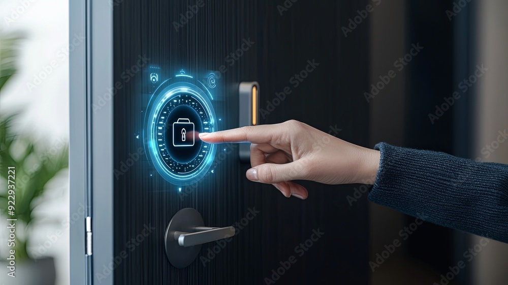 Naklejka premium Smart home entryway with person unlocking door using facial recognition, sleek and modern design, warm ambient lighting, copy space for text,