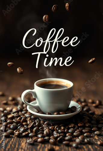 poster with Coffee Time text and floating coffee beans on a cup of coffee