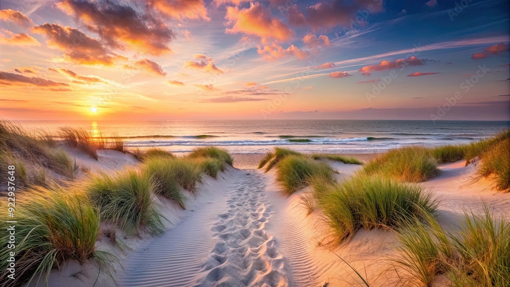 Sunrise at beach with tall sand dunes and path in light pink and light gray hues, beach, sunrise, sand dunes, path Sunrise at beach with tall sand dunes and path in light pink and light gray hues, beach, sunrise, sand dunes, path