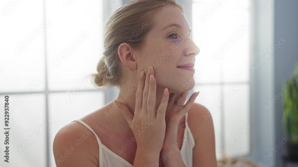 Young woman in a spa room touching her face with a calm, attractive demeanor in a wellness center