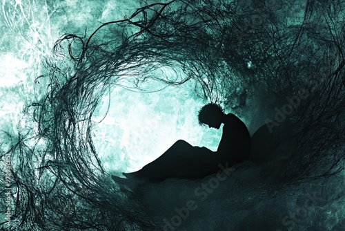 haunting illustration of sleep disorder featuring a figure lost in an endless void with swirling elements of disturbed sleep