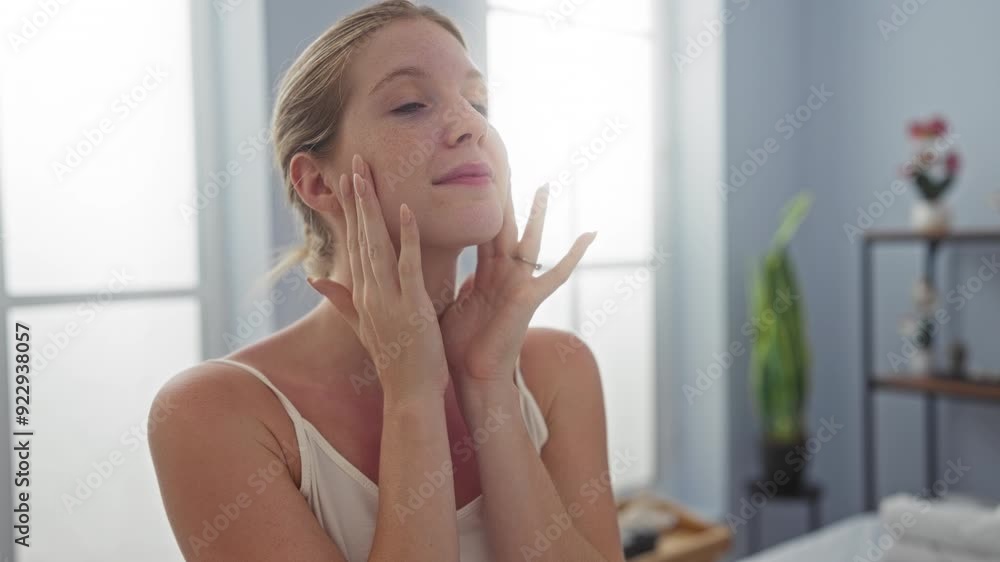 Woman applying skincare in a serene spa room, with a gentle smile, exuding peace and wellness in a bright, indoor setting Woman applying skincare in a serene spa room, with a gentle smile, exuding peace and wellness in a bright, indoor setting