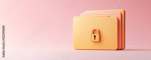 Three orange folders with a lock on a pink background, representing data security, protection, and digital privacy.