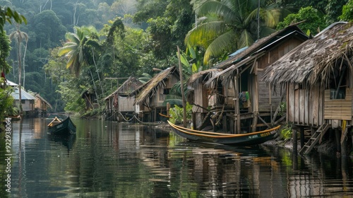 hamlet of a tribe in the Amazon on the edge of the river photo