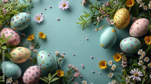 frame of easter eggs,flowers on pastel green background happy easter vertical banner mockup flat lay top view copy space.