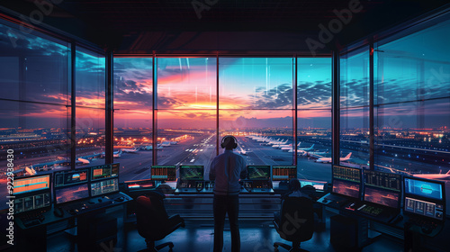 Air traffic control tower overseeing multiple airplanes on the runway, controllers at work with headsets and screens, panoramic airport view.