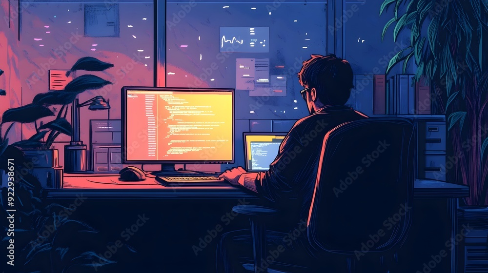 Programmer Coding Late at Night in Cozy Futuristic Storage Room Workspace Programmer Coding Late at Night in Cozy Futuristic Storage Room Workspace