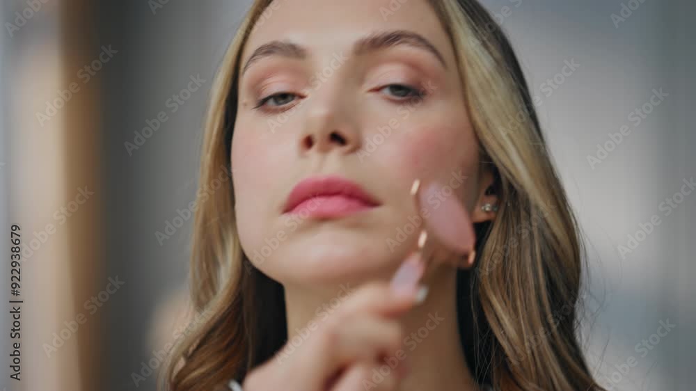 Portrait woman face massage with jade roller tool looking at camera at bedroom Portrait woman face massage with jade roller tool looking at camera at bedroom