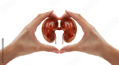 Two hands making a heart shape with a realistic human kidneys in white background. Wallpaper photo background for World Kidney Day celebration, healthy campaign, studying medic, human anatomy, biology photo