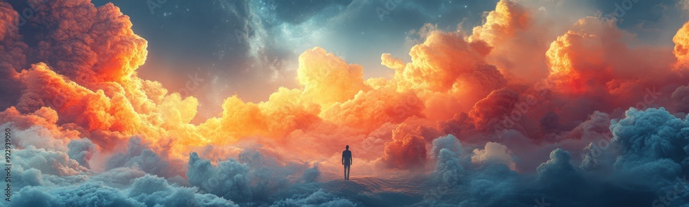 Obraz premium Man standing in the middle of a cloud filled sky