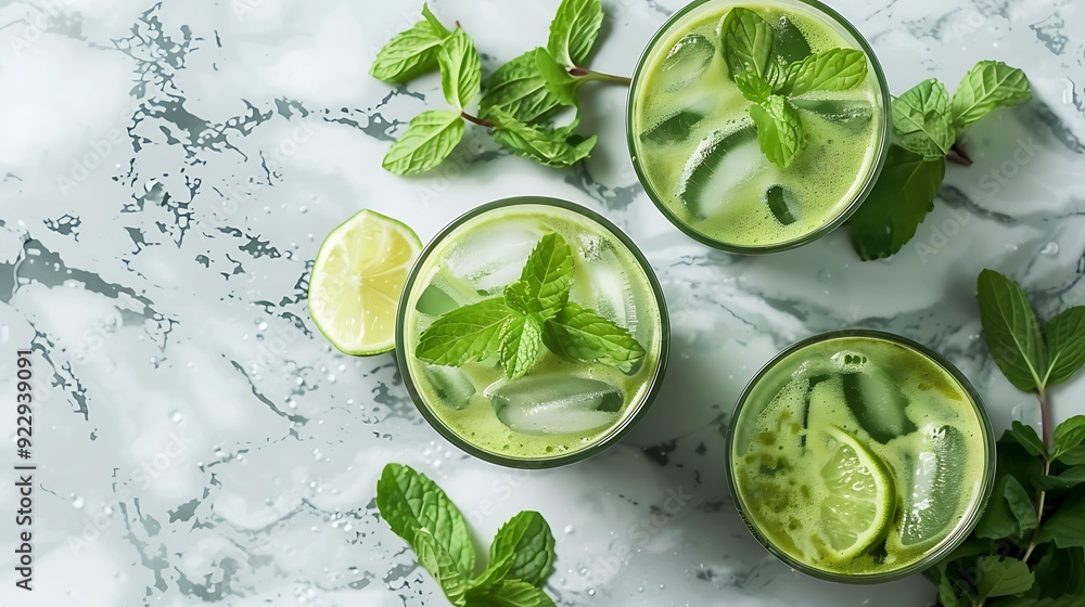 Obraz premium Matcha iced green tea with lime and fresh mint on a marble background
