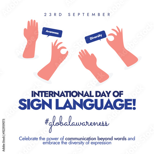 International Day of Sign Language background, post. 23rd September Sign language day banner with hands making different signs. The day raise awareness of sign language for rights of deaf people.