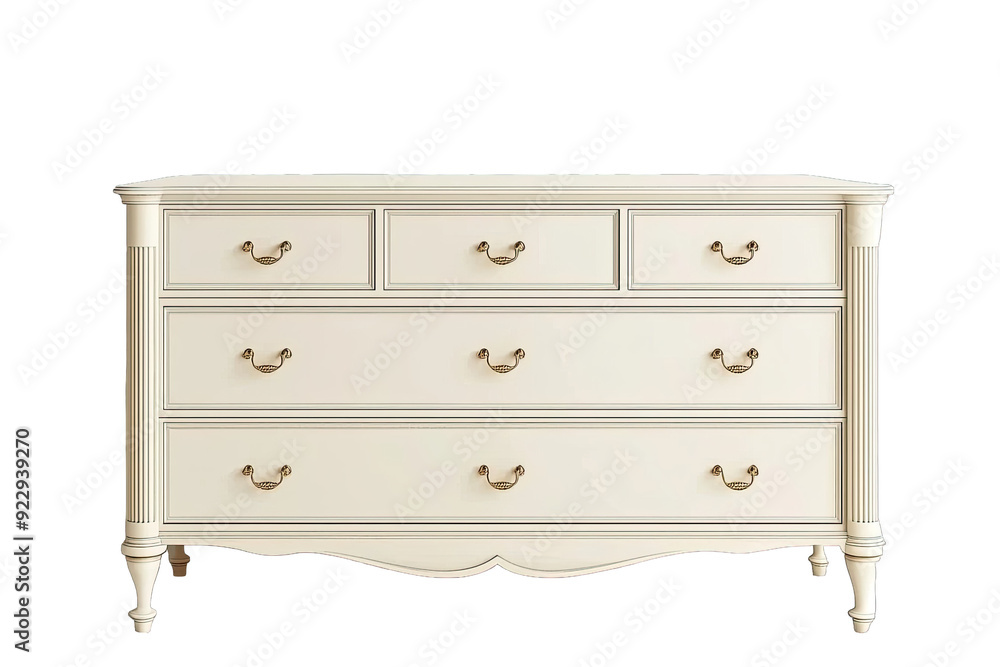 Elegant white dresser with six spacious drawers and classic gold handles, perfect for enhancing bedroom decor and organization. Elegant white dresser with six spacious drawers and classic gold handles, perfect for enhancing bedroom decor and organization.
