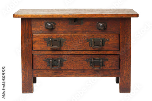 Elegant wooden chest with three drawers and decorative metal handles, perfect for storage and vintage home decor.