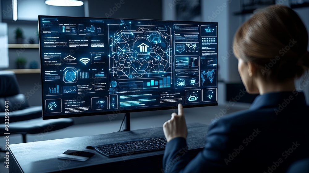 Person interacting with smart home AI learning data in a sleek, minimalistic living room, ambient lighting and futuristic vibe, copy space for text, Person interacting with smart home AI learning data in a sleek, minimalistic living room, ambient lighting and futuristic vibe, copy space for text,