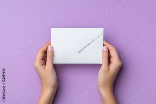 Close-up of hands with light pink nails holding a white envelope against a purple background, conveying communication or message delivery.